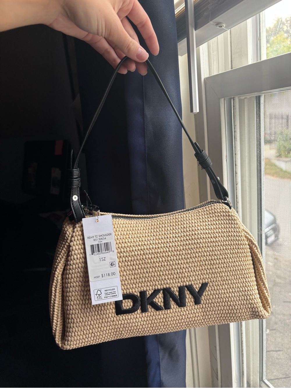 DKNY Beige Woven Shoulder Bag with Black Logo and Strap